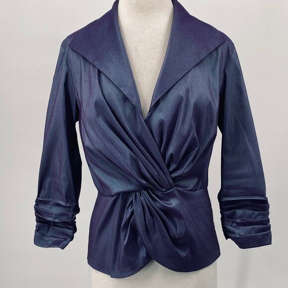 Tadashi Shoji Taffeta Twist Front Blouse Dramatic Wing Collar Slate Blue 14 - Picture 3 of 13